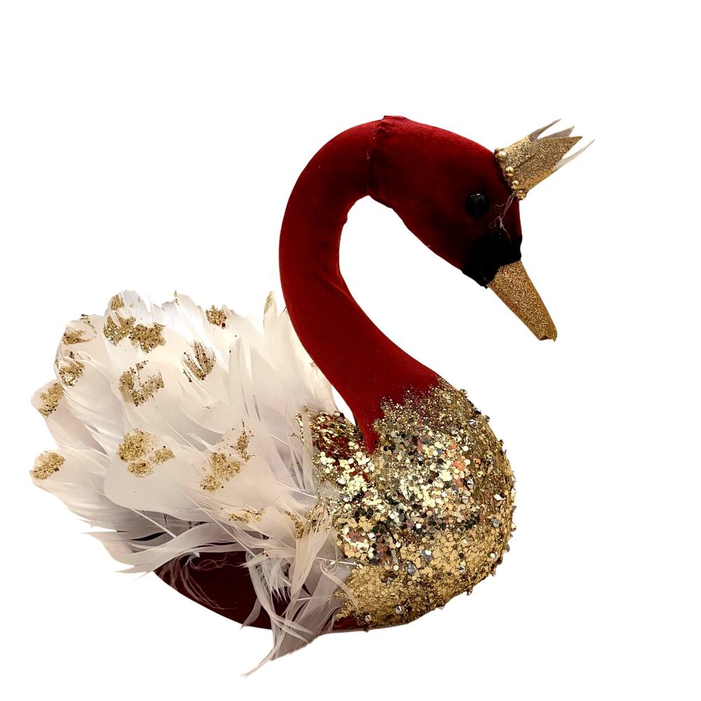 Mrs Alice Velvet Swan Feathers Gold Glitter Crown 11" Christmas Tablescape NEW